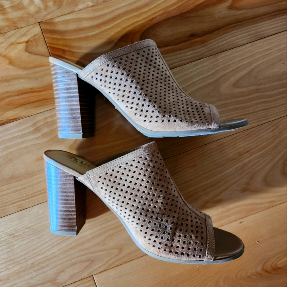 Sam Edelman Circus Beige microsuede mules with block heel